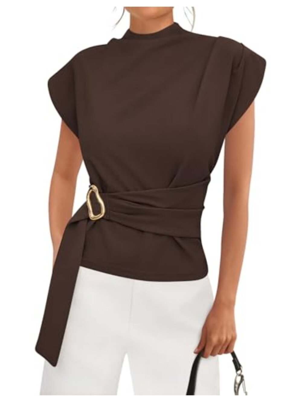 Women's Mock Neck Cap Sleeve Blouse with Back Zipper, Cotton Blend